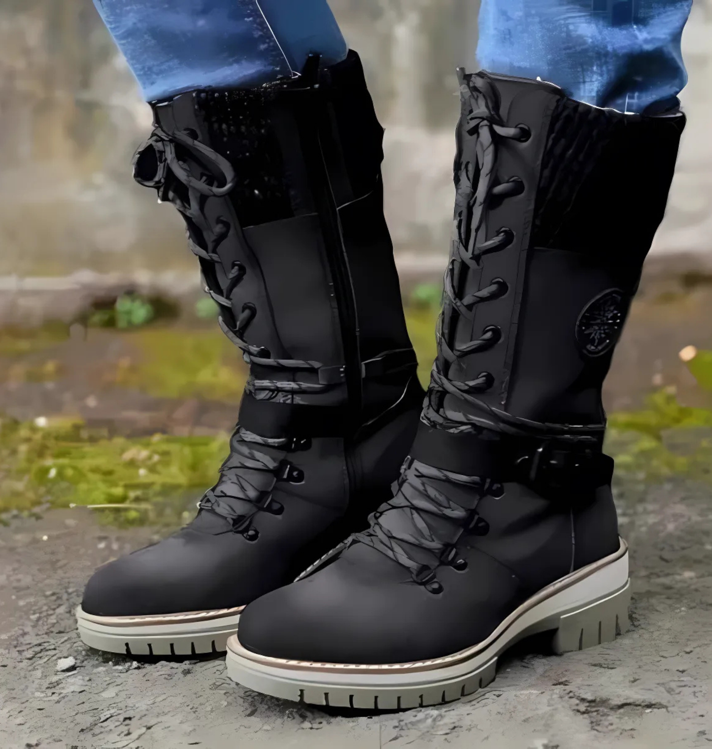 Women’s Boots - Faux Leather - Mid-Calf Height - Lace-Up - Chunky Block Heel