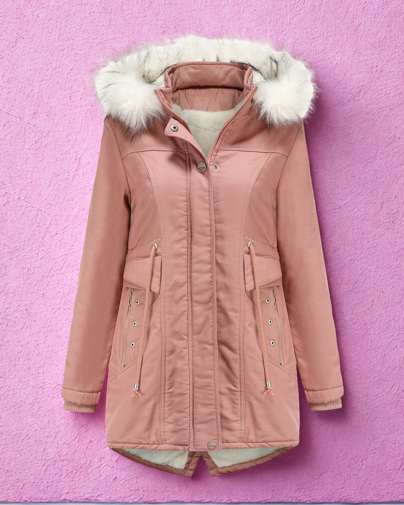 Women’s Parka Jacket – Faux Fur Hood – Shearling Lined – Mid-Thigh – Drawstring Waist