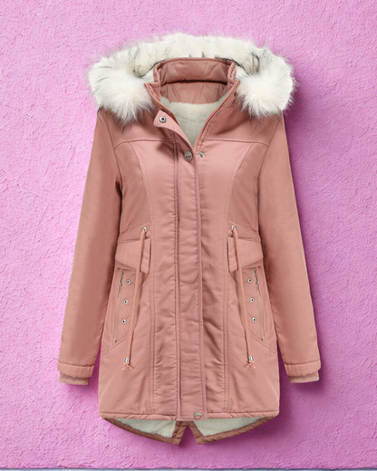 Women’s Parka Jacket – Faux Fur Hood – Shearling Lined – Mid-Thigh – Drawstring Waist