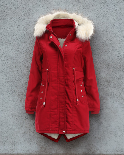 Women’s Parka Jacket – Faux Fur Hood – Shearling Lined – Mid-Thigh – Drawstring Waist