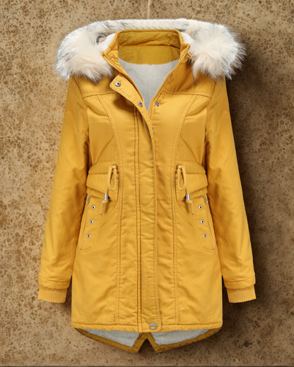 Women’s Parka Jacket – Faux Fur Hood – Shearling Lined – Mid-Thigh – Drawstring Waist