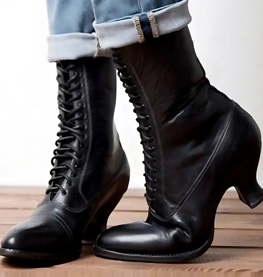 Leather Mid-Calf Pointed Toe Lace-Up Boots