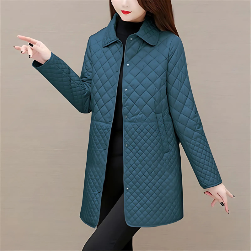 Women’s Quilted Coat – Mid-Length – Rhombus Stitch – Relaxed Fit – Button Front
