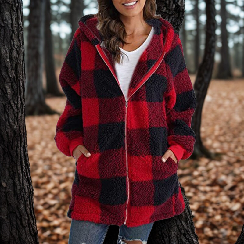 Plush Fleece Hooded Buffalo Check Jacket