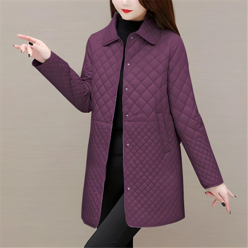 Women’s Quilted Coat – Mid-Length – Rhombus Stitch – Relaxed Fit – Button Front