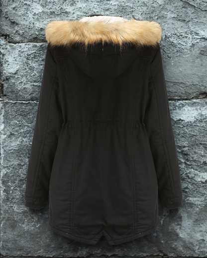 Women’s Parka Jacket – Faux Fur Hood – Shearling Lined – Mid-Thigh – Drawstring Waist