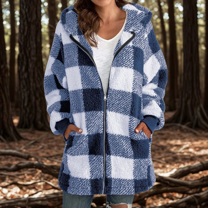 Women’s Jacket - Plush Fleece - Hooded - Buffalo Check Plaid - Mid-Thigh Length