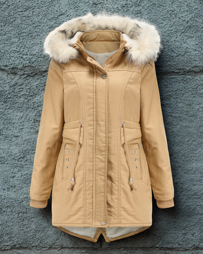 Women’s Parka Jacket – Faux Fur Hood – Shearling Lined – Mid-Thigh – Drawstring Waist