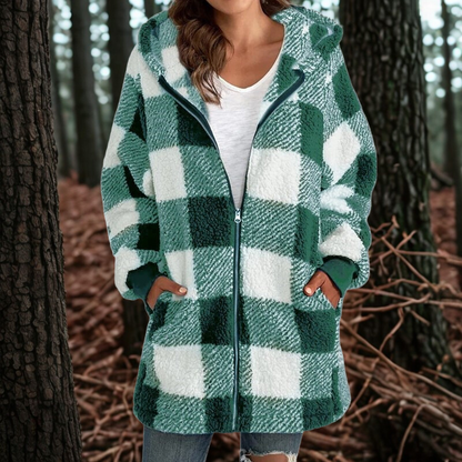 Women’s Jacket - Plush Fleece - Hooded - Buffalo Check Plaid - Mid-Thigh Length
