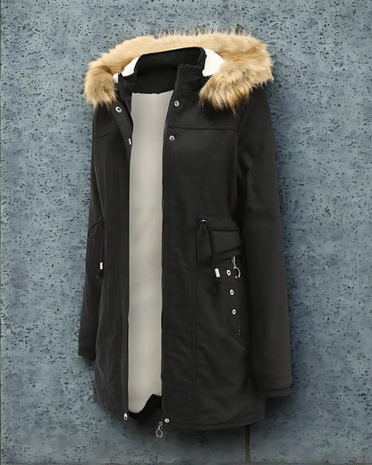 Women’s Parka Jacket – Faux Fur Hood – Shearling Lined – Mid-Thigh – Drawstring Waist