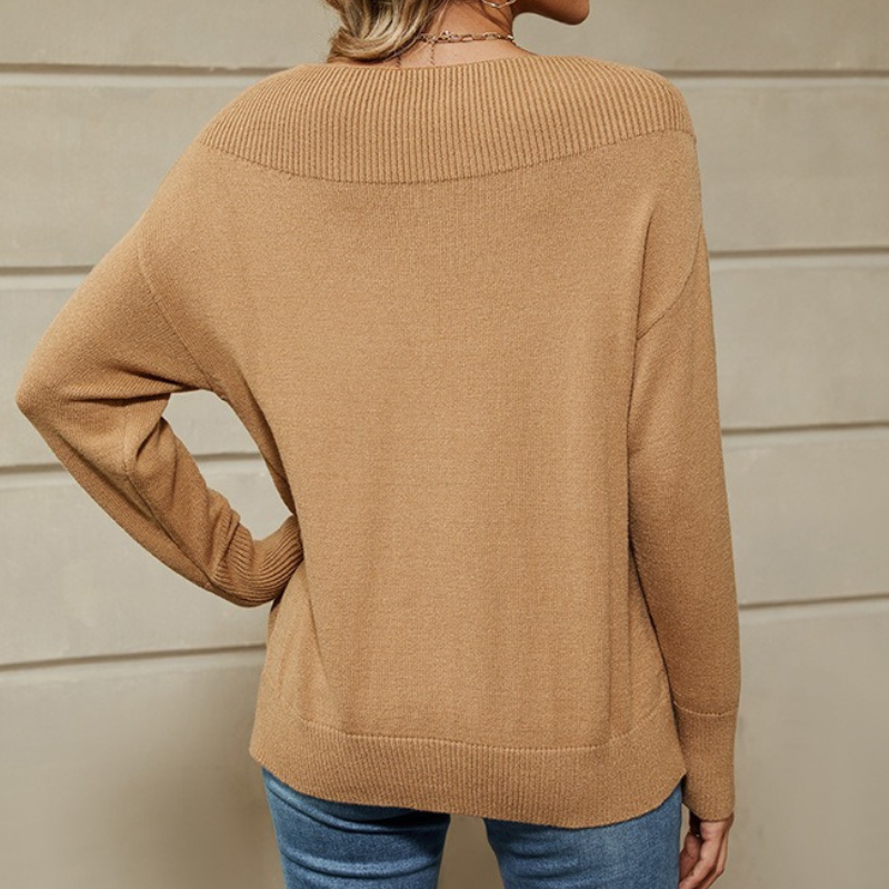 Women’s Sweatshirt Pullover – Loose Fit – Knit Fabric – Ribbed Boat Neck – Long Sleeve