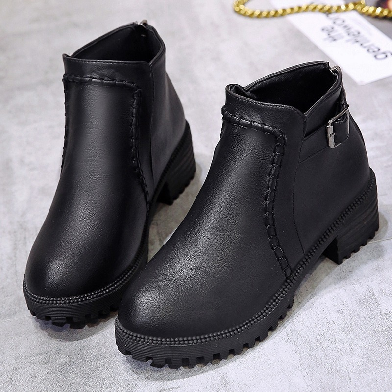 Block Heel Leather-Like Ankle Boots 