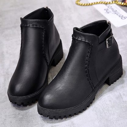 Women’s Ankle Boots – Leather-Like Finish – Block Heel – Lug Sole – Side Zipper