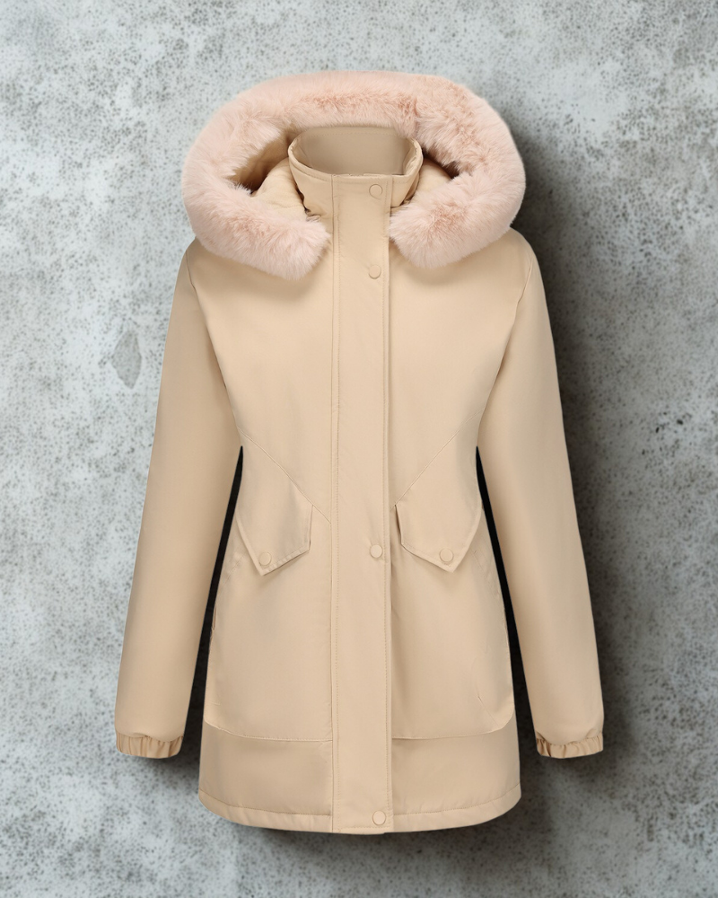 Woven Adjustable Waist Faux Fur Hood Jacket