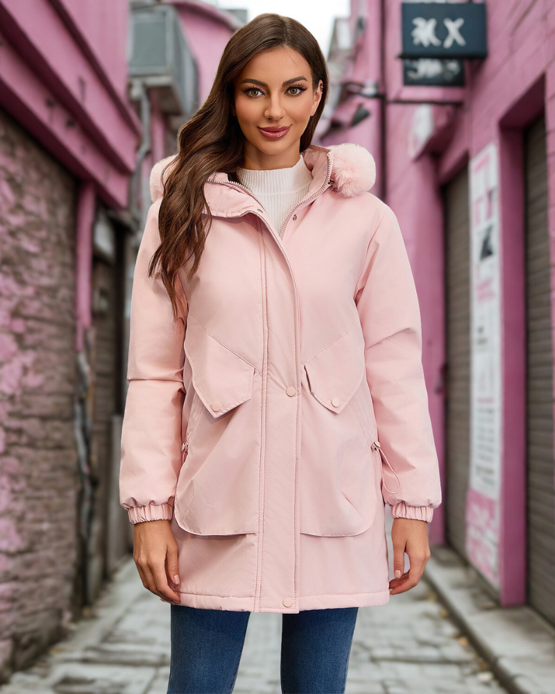 Woven Adjustable Waist Faux Fur Hood Jacket