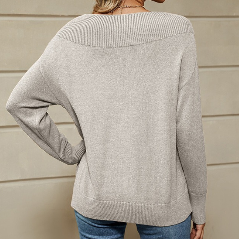 Women’s Sweatshirt Pullover – Loose Fit – Knit Fabric – Ribbed Boat Neck – Long Sleeve