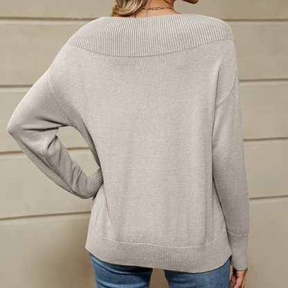 Women’s Sweatshirt Pullover – Loose Fit – Knit Fabric – Ribbed Boat Neck – Long Sleeve