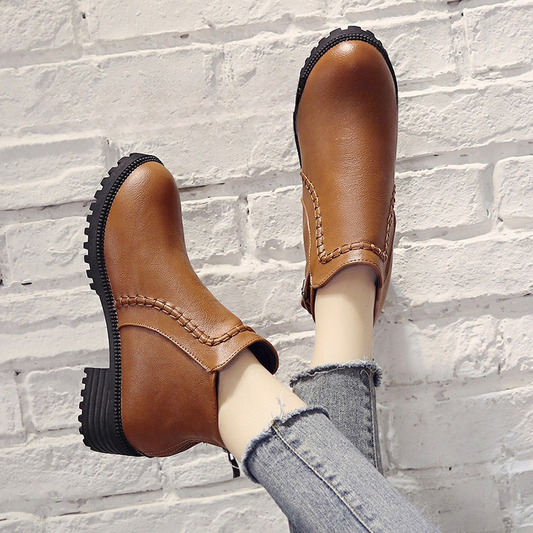 Block Heel Leather-Like Ankle Boots 