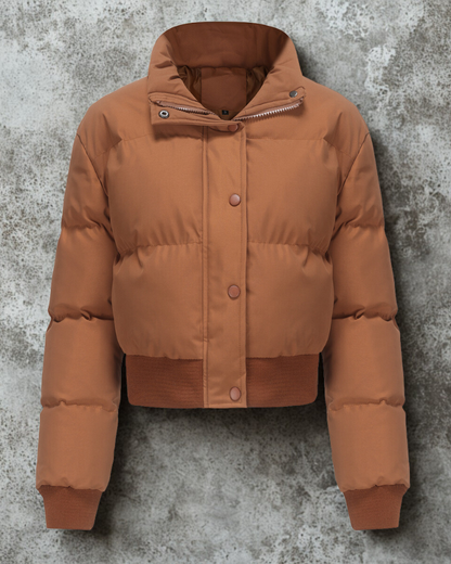 Women’s Puffer Jacket - Woven Fabric - Cropped Fit - Stand Collar - Snap Front