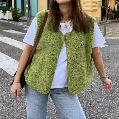 Women’s Sleeveless Vest – Relaxed Fit – Bouclé Texture – Button Front Layering Piece
