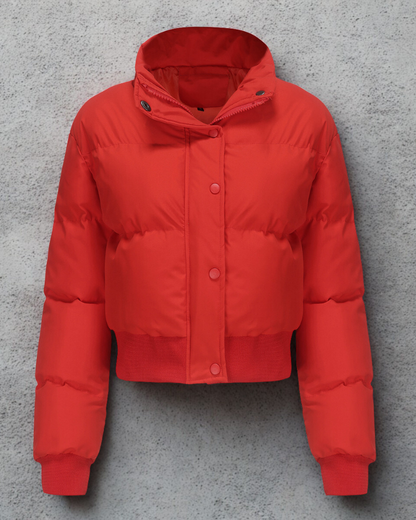 Women’s Puffer Jacket - Woven Fabric - Cropped Fit - Stand Collar - Snap Front