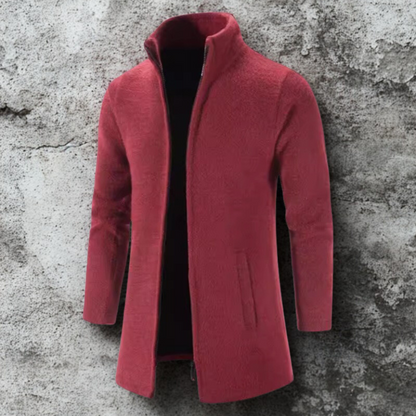 Men’s Long Coat – Relaxed Fit – Wool Blend – Stand-Up Collar – Mid-Thigh Length