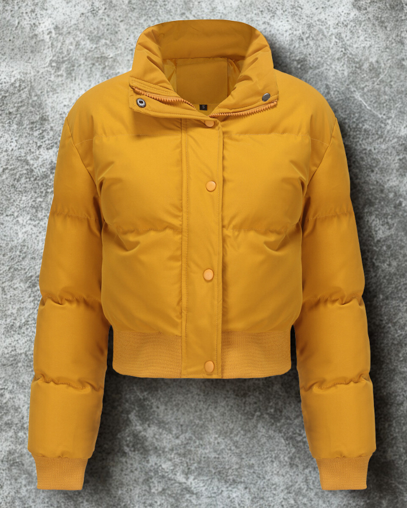 Women’s Puffer Jacket - Woven Fabric - Cropped Fit - Stand Collar - Snap Front