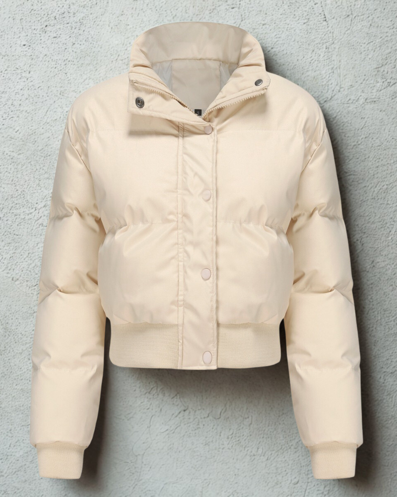 Women’s Puffer Jacket - Woven Fabric - Cropped Fit - Stand Collar - Snap Front