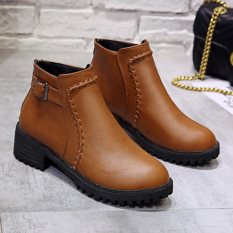 Block Heel Leather-Like Ankle Boots 