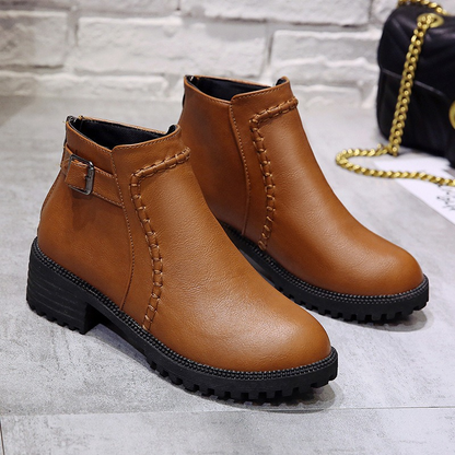 Women’s Ankle Boots – Leather-Like Finish – Block Heel – Lug Sole – Side Zipper