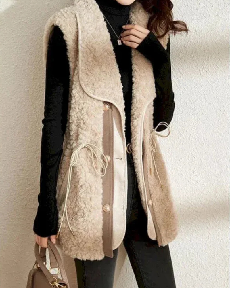 Women’s Vest – Lamb Wool Texture – Relaxed Fit – Shawl Collar – Hip Length