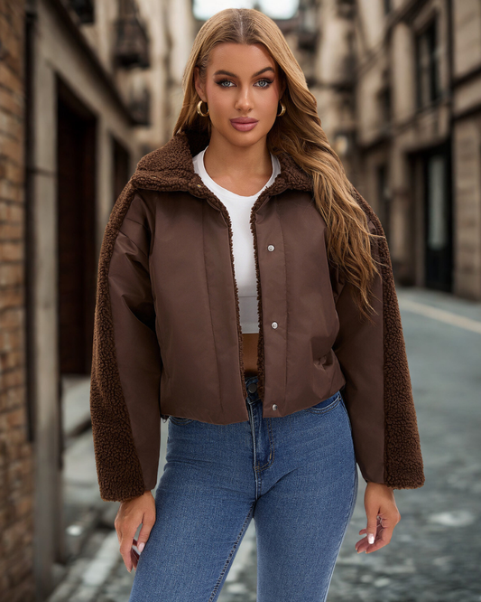 Woven Cropped Sherpa Collar Jacket