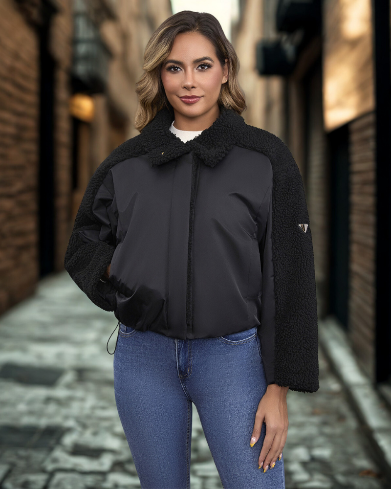 Woven Cropped Sherpa Collar Jacket