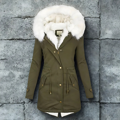 Women’s Parka Coat – Slim Fit Mid-Length – Faux Fur Hood – Weather-Resistant – Adjustable Waist