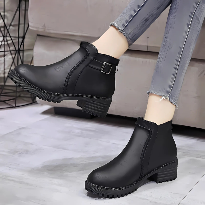 Block Heel Leather-Like Ankle Boots 