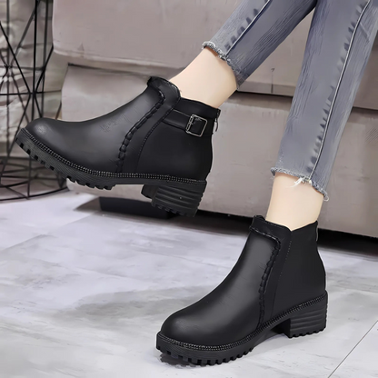Women’s Ankle Boots – Leather-Like Finish – Block Heel – Lug Sole – Side Zipper