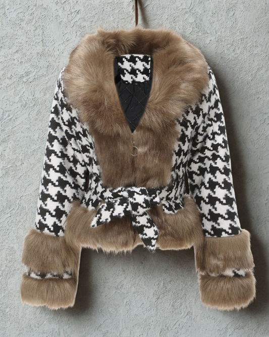 Houndstooth Pattern Belted Short Coat 