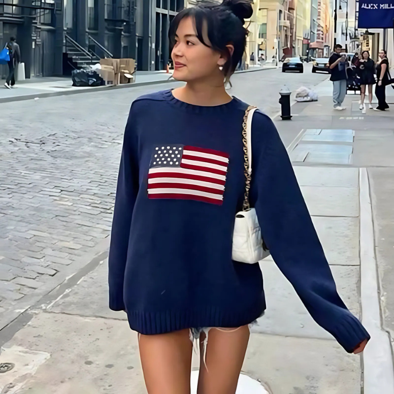 Women’s Knitted Sweatshirt – Relaxed Fit – Ribbed Crew Neck – Graphic Flag Print