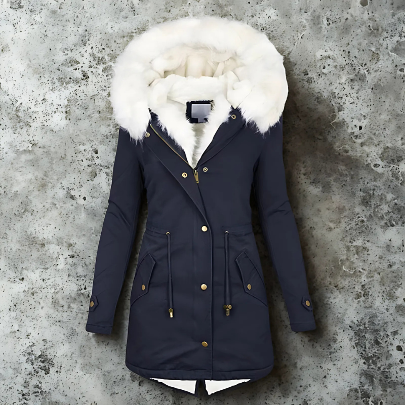 Women’s Parka Coat – Slim Fit Mid-Length – Faux Fur Hood – Weather-Resistant – Adjustable Waist