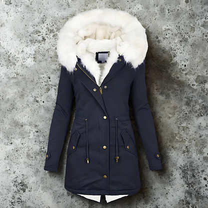 Women’s Parka Coat – Slim Fit Mid-Length – Faux Fur Hood – Weather-Resistant – Adjustable Waist