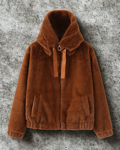 Women’s Short Coat – Faux Fur Knit – Hooded – Relaxed Fit – Elastic Hem and Cuffs