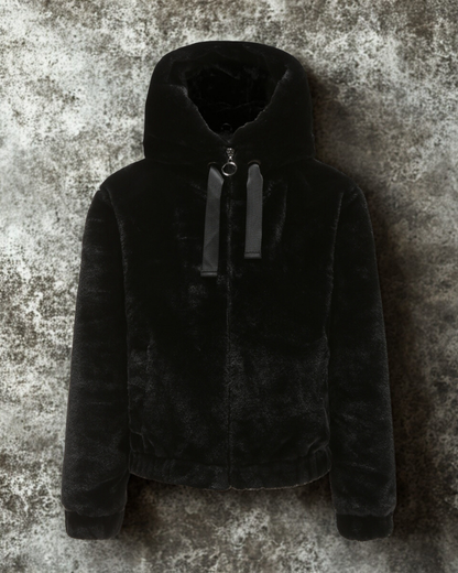 Women’s Short Coat – Faux Fur Knit – Hooded – Relaxed Fit – Elastic Hem and Cuffs