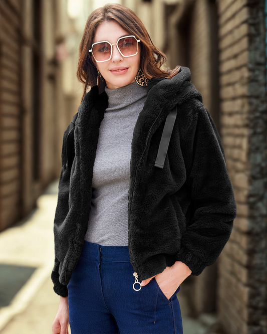 Faux Fur Hooded Relaxed Fit Short Coat 