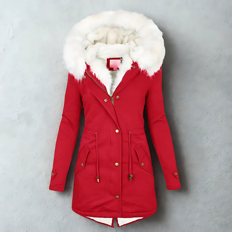 Women’s Parka Coat – Slim Fit Mid-Length – Faux Fur Hood – Weather-Resistant – Adjustable Waist