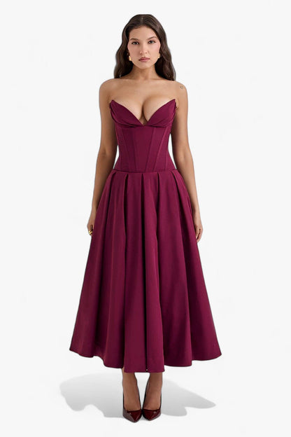 Women's Strapless Midi Dress - Corset Bodice - Pleated Full Skirt - Elegant Formal Wear