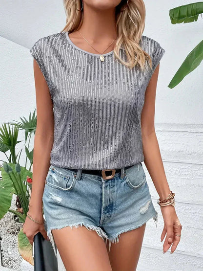 Sleeveless glitter embellished crew-neck casual top for women