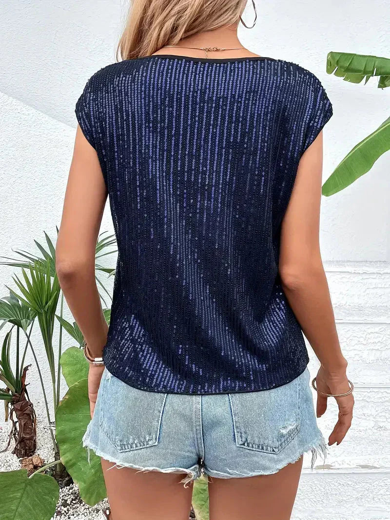 Sleeveless glitter embellished crew-neck casual top for women