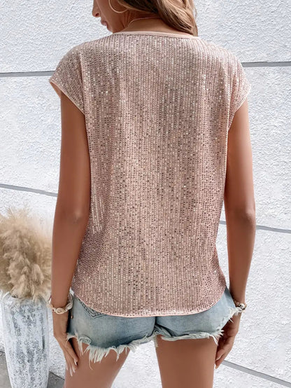 Sleeveless glitter embellished crew-neck casual top for women