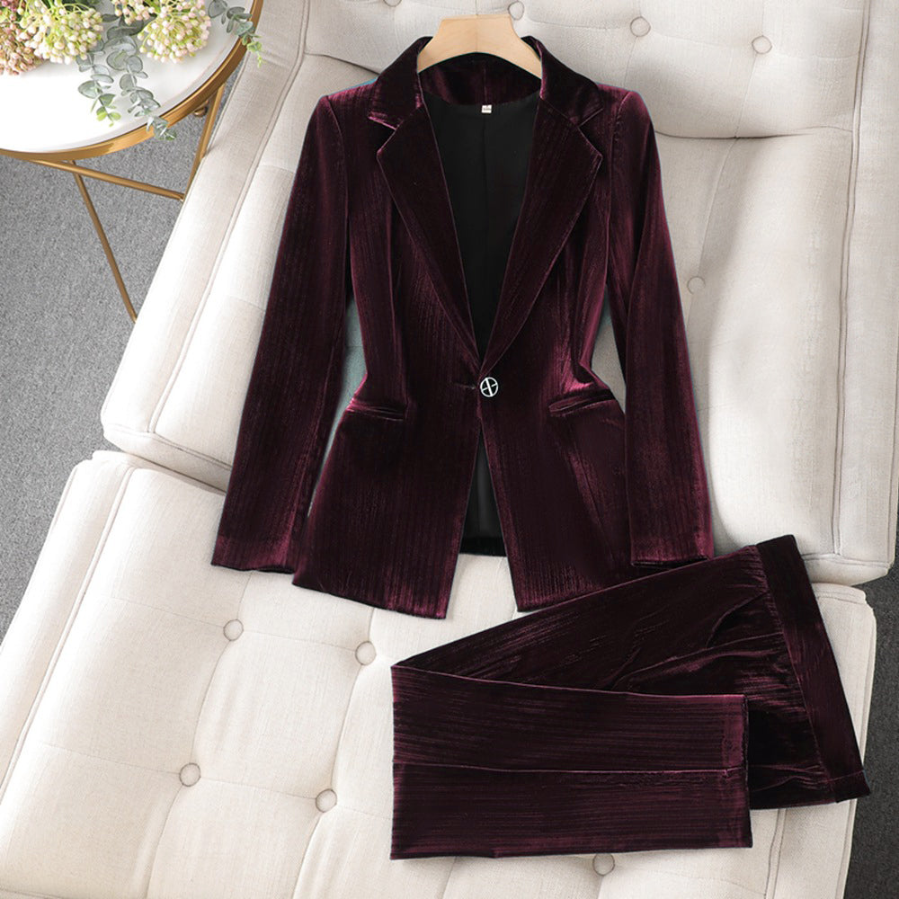 Women's lapel collar one-button blazer and trouser two-piece set