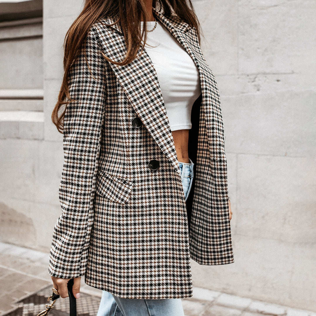 Women's printed plaid double-breasted blazer